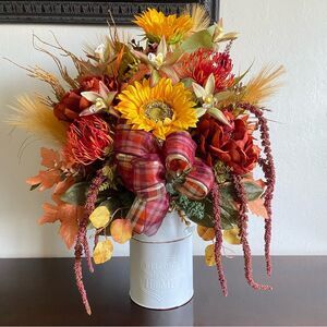 Fall Faux Floral Bouquet in White Jar With Sunflowers/Peonies